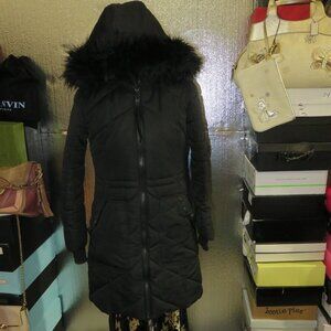GUESS Fur Lined Hooded Down Long Winter Puffer Jacket Black Small Petite